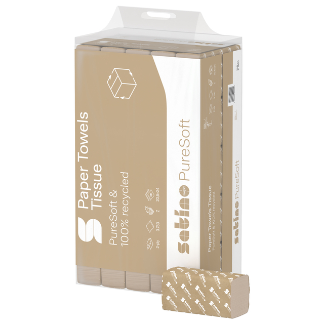 Essuie-mains Satino PT2 PureSoft 277530 2 épaisseurs Pli-Z 206x240mm naturel 25x 150 feuilles