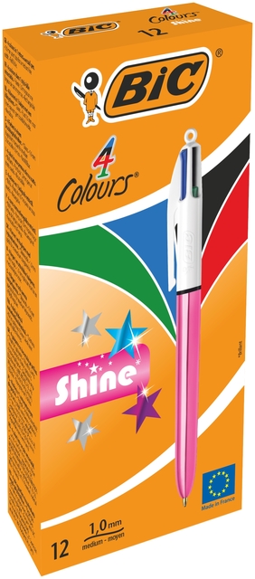 4-Kleuren balpen Bic Shine medium roze à 12 stuks