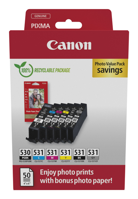 Cartouche d'encre Canon PGI-530 CLI-531 2 noir + 4 couleurs