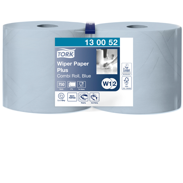 Papier d'essuyage Tork W2 Plus Premium 130052 2 épaisseurs 750 feuilles bleu