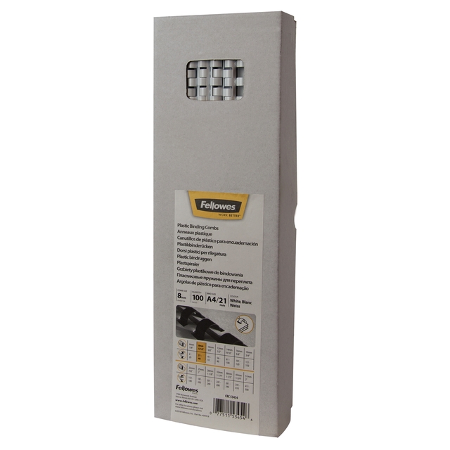 Reliure Fellowes 8mm 21 anneaux A4 blanc 100 pièces