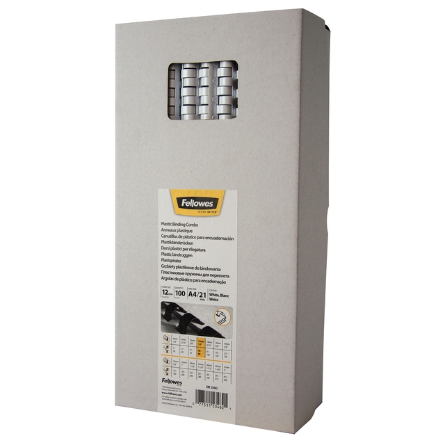 Reliure Fellowes 12mm 21 anneaux A4 blanc 100 pièces