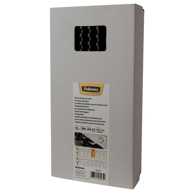 Reliure Fellowes 12mm 21 anneaux A4 noir 100 pièces