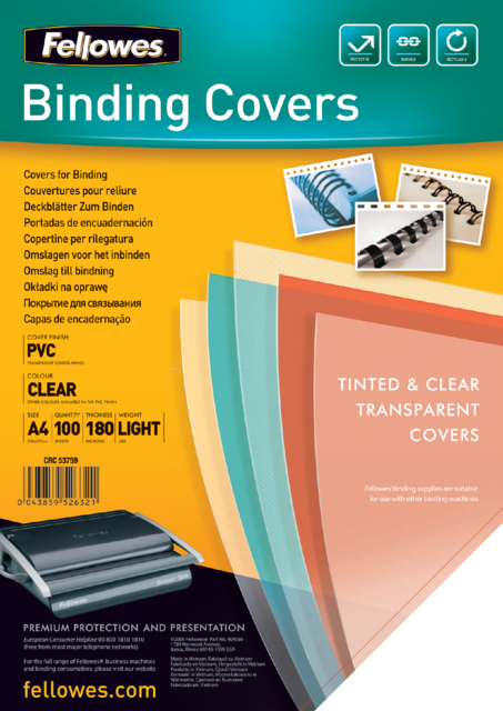 Couverture Fellowes A4 PVC 180 micron transparent 100 pièces