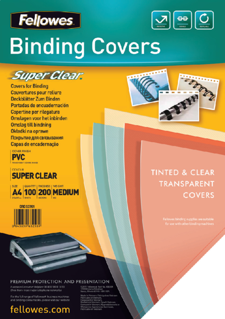 Couverture Fellowes A4 PVC 200 micron transparent 100 pièces