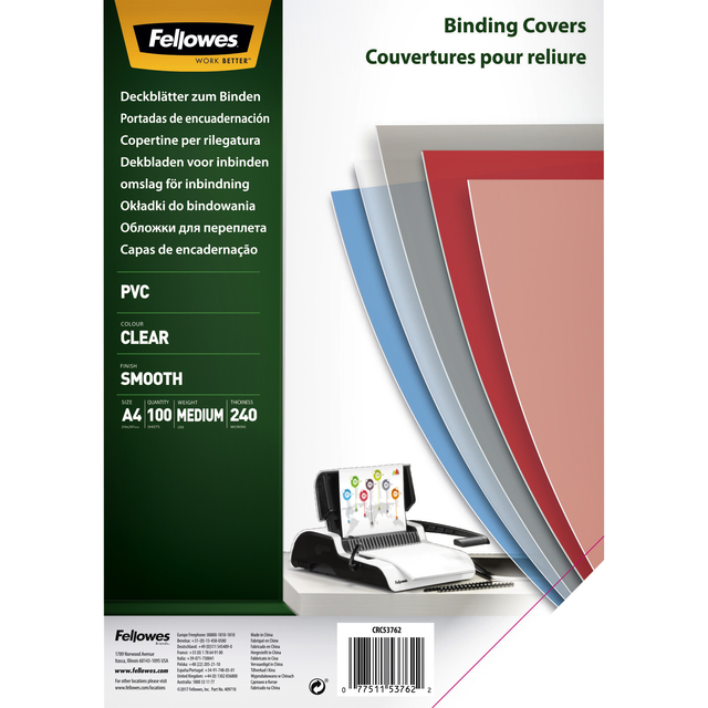 Couverture Fellowes A4 PVC 240 micron transparent 100 pièces