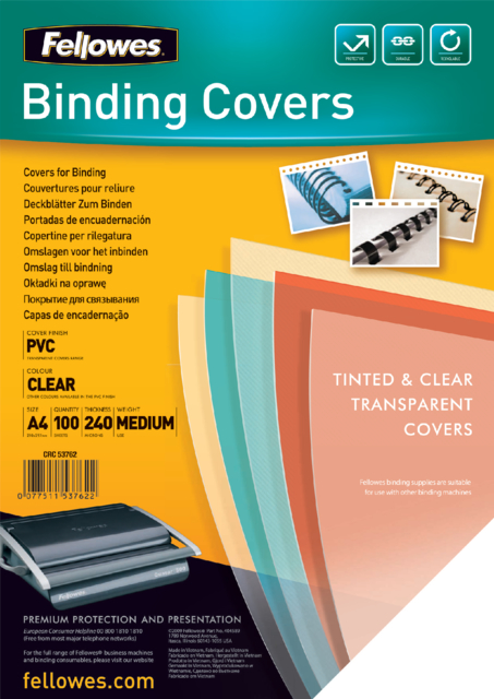 Couverture Fellowes A4 PVC 240 micron transparent 100 pièces