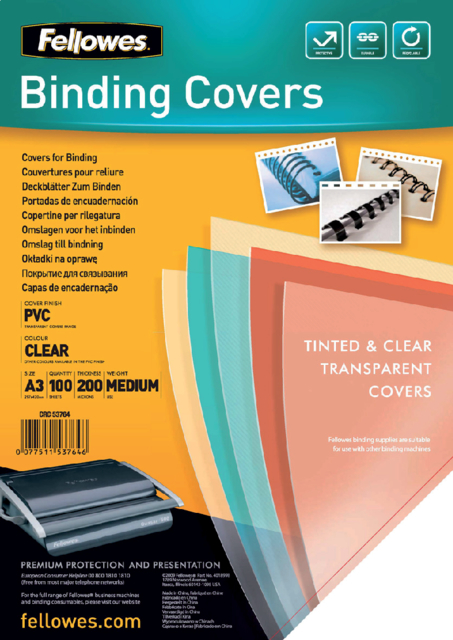 Couverture Fellowes A3 PVC 200 micron transparent 100 pièces