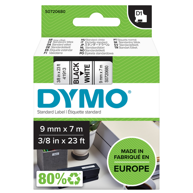 Ruban étiquettes Dymo LabelManager D1 polyester 9mmx7m noir sur blanc