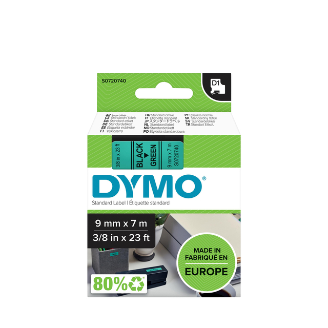 Ruban étiquettes Dymo LabelManager D1 polyester 9mmx7m noir sur vert