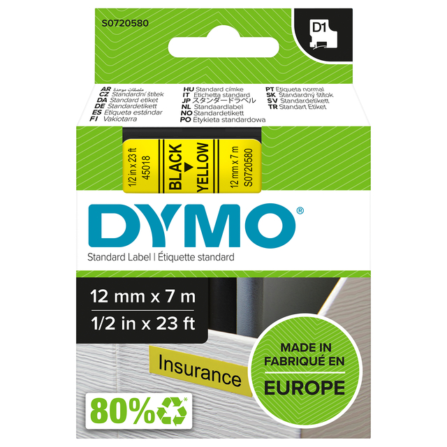 Ruban Dymo LabelManager D1 polyester 12mmx7m noir sur jaune