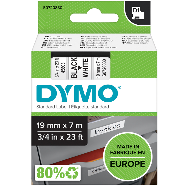 Ruban étiquettes Dymo LabelManager D1 polyester 19mmx7m noir sur blanc