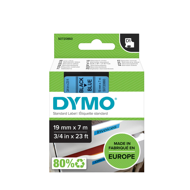 Ruban étiquettes Dymo LabelManager D1 polyester 19mmx7m noir sur bleu