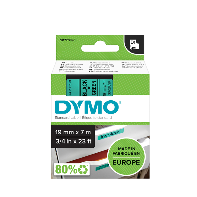 Ruban étiquettes Dymo LabelManager D1 polyester 19mmx7m noir sur vert