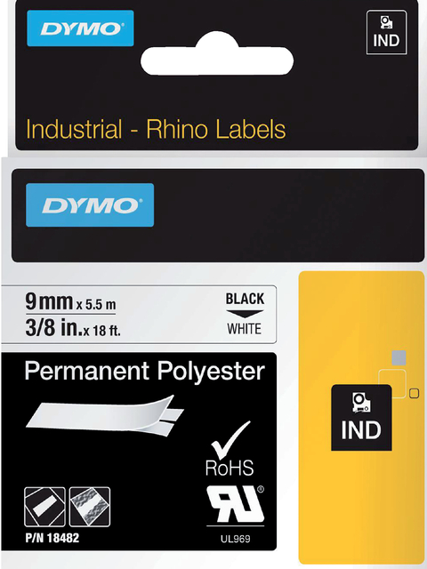 Ruban Dymo Rhino Industriel polyester 9mmx5,5m noir sur blanc