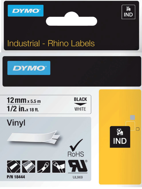 Labeltape Dymo Rhino industrieel vinyl 12mm zwart op wit