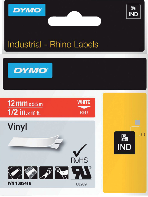 Labeltape Dymo Rhino industrieel vinyl 12mm wit op rood