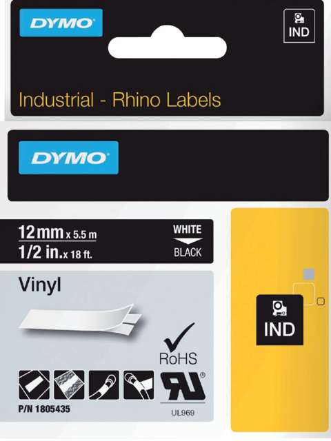 Labeltape Dymo Rhino industrieel vinyl 12mm wit op zwart