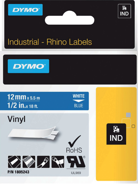 Labeltape Dymo Rhino industrieel vinyl 12mm wit op blauw