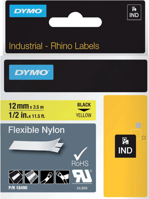 Labeltape Dymo Rhino industrieel nylon 12mm zwart op geel