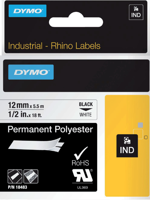 Labeltape Dymo Rhino industrieel polyester 12mm zwart op wit