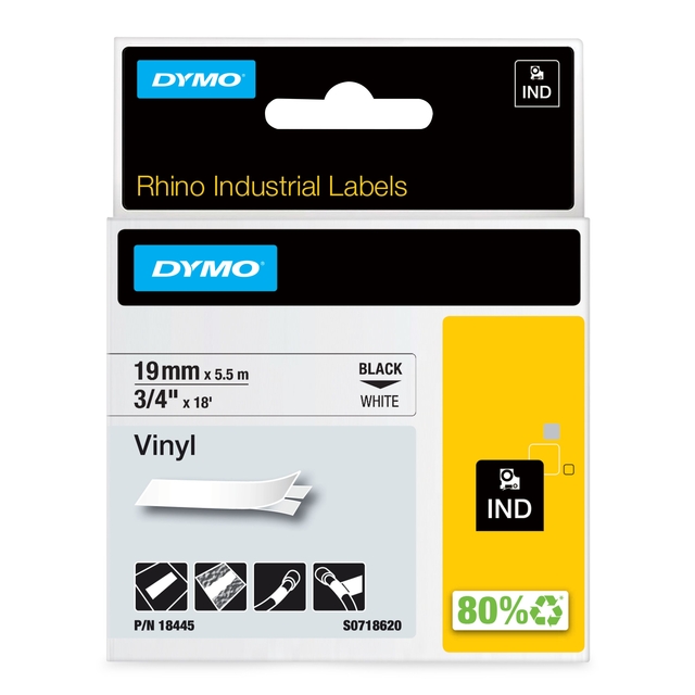 Labeltape Dymo Rhino industrieel vinyl 19mm zwart op wit