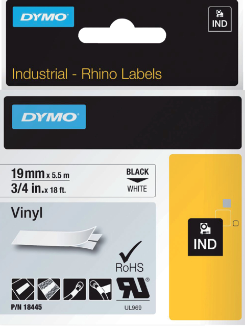 Labeltape Dymo Rhino industrieel vinyl 19mm zwart op wit