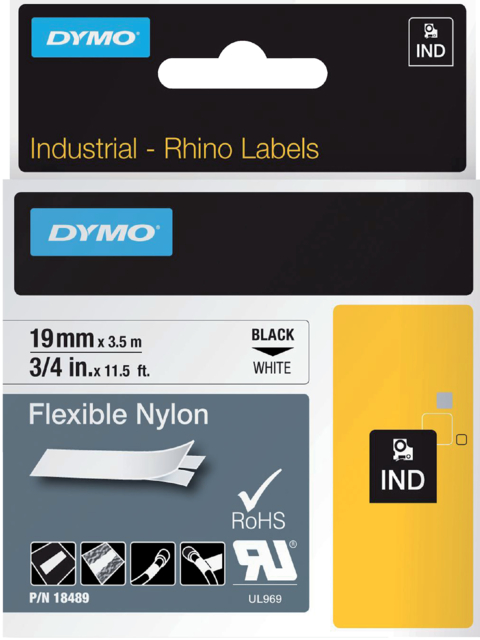 Labeltape Dymo Rhino industrieel nylon 19mm zwart op wit