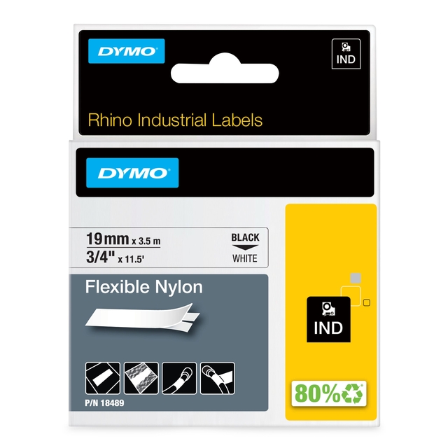 Labeltape Dymo Rhino industrieel nylon 19mm zwart op wit