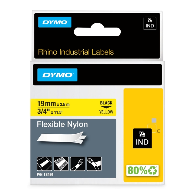 Labeltape Dymo Rhino industrieel nylon 19mm zwart op geel