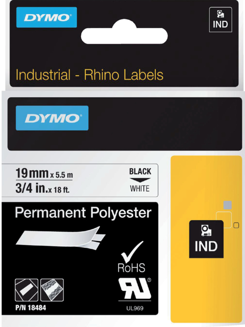 Labeltape Dymo Rhino industrieel polyester 19mm zwart op wit