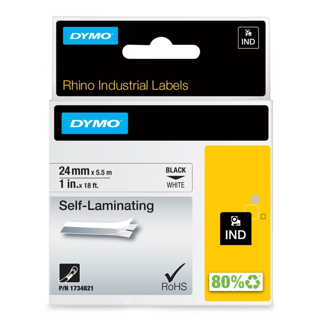 Ruban Dymo Rhino Industriel auto-laminé 24mmx5,5m noir sur blanc