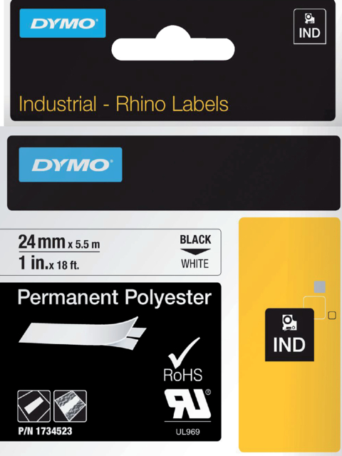 Labeltape Dymo Rhino industrieel polyester 24mm zwart op wit