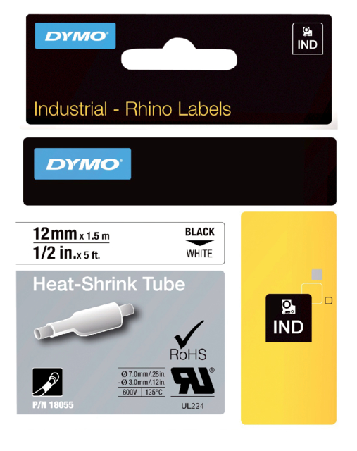 Labeltape Dymo Rhino industrieel krimpkous 12mm zwart op wit