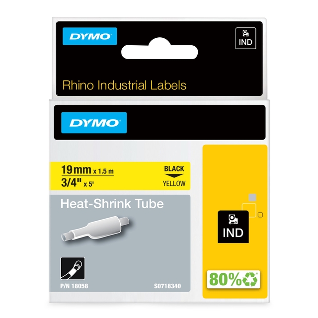Labeltape Dymo Rhino industrieel krimpkous 19mm zwart op geel