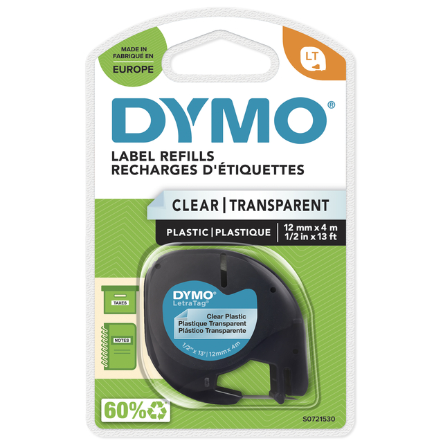 Ruban Dymo LetraTag plastique 12mmx4m noir sur transparent