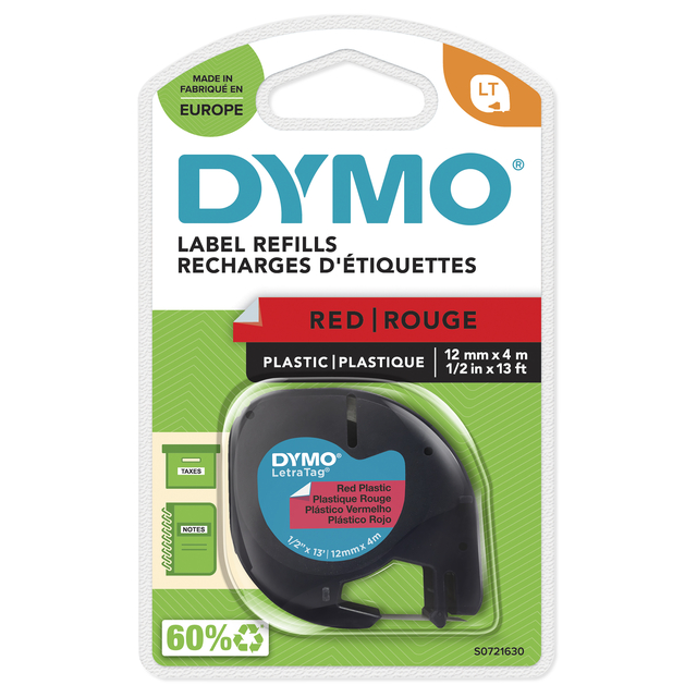 Ruban Dymo LetraTag plastique 12mmx4m noir sur rouge