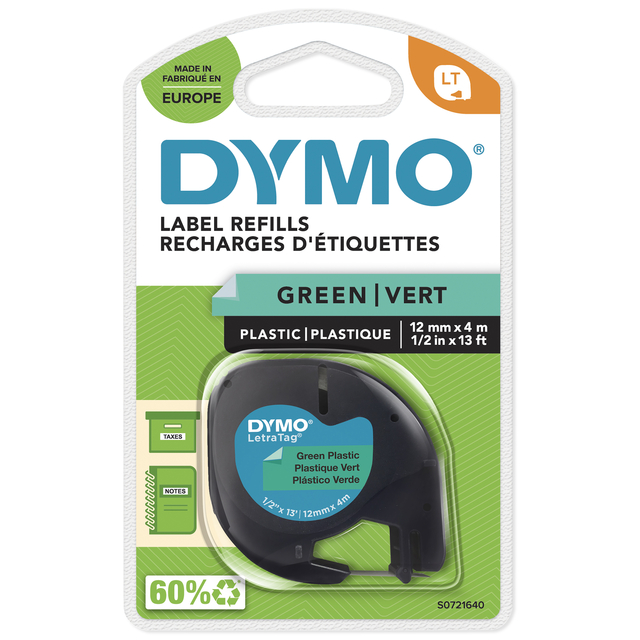 Ruban Dymo LetraTag plastique 12mmx4m noir sur vert