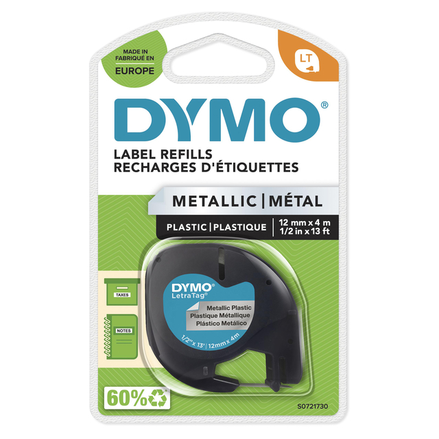 Ruban Dymo LetraTag métallique 12mm noir sur argent