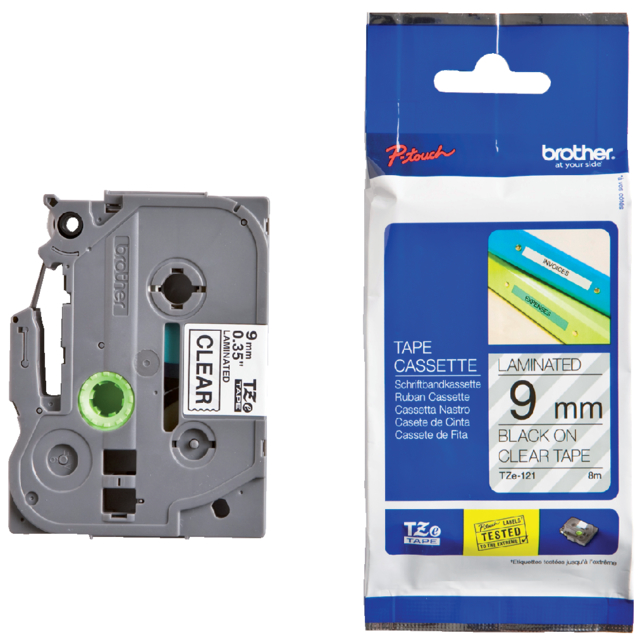 Labeltape Brother P-touch TZe-121 standaard 9mm zwart op transparant