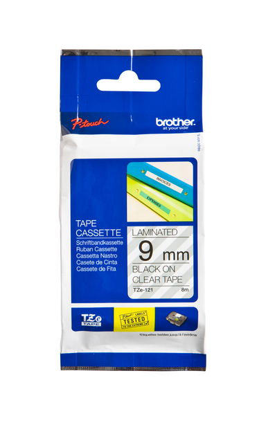 Ruban de lettrage Brother P-Touch TZE-121 standard 9mm noir sur transparent
