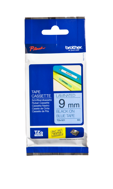 Labeltape Brother P-touch TZe-521 standaard 9mm zwart op blauw