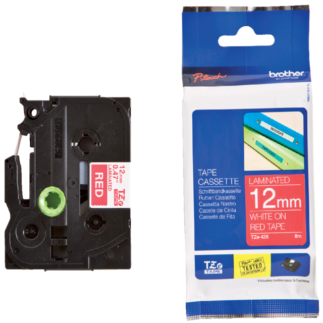 Labeltape Brother P-touch TZe-435 standaard 12mm wit op rood