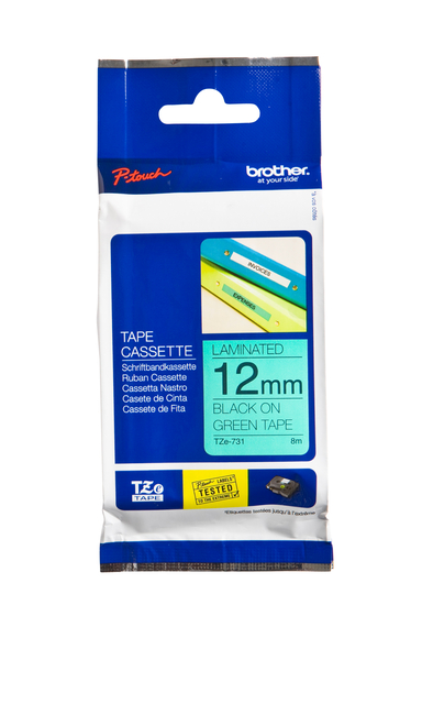 Ruban de lettrage Brother P-Touch TZe-731 standard 12mm noir sur vert