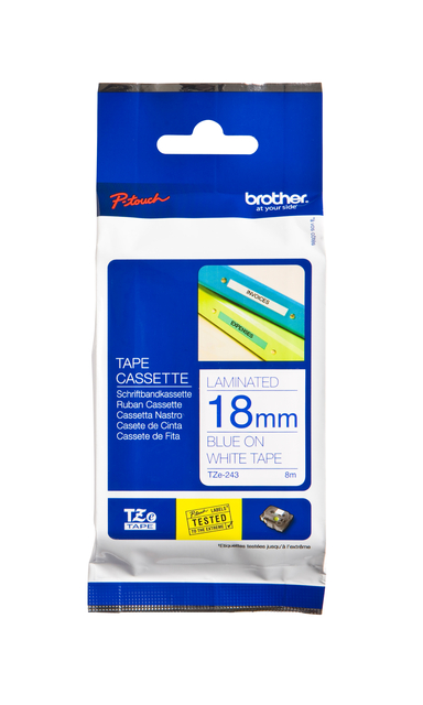 Ruban de lettrage Brother P-Touch TZe-243 standard 18mm bleu sur blanc