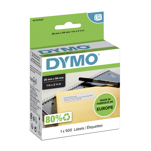 Etiquette adresse Dymo Labelwriter 25x54mm rouleau 500 pièces blanc