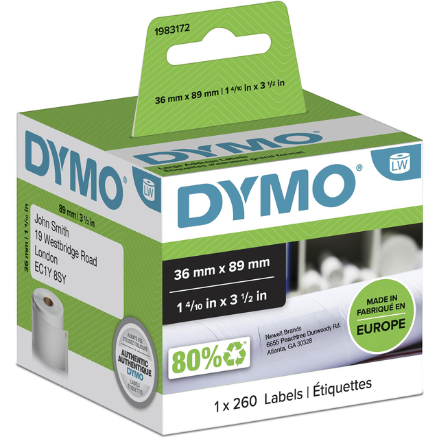 Etiquette adresse Dymo LabelWriter 36x89mm rouleau à 260 pièces blanc
