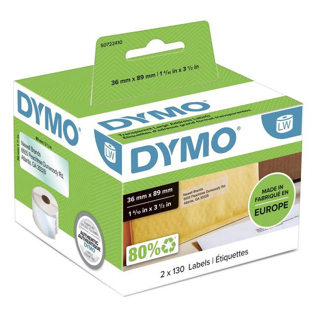 Etiquette adresse Dymo LabelWriter 36x89mm 2 rouleaux à 130 pcs transparent