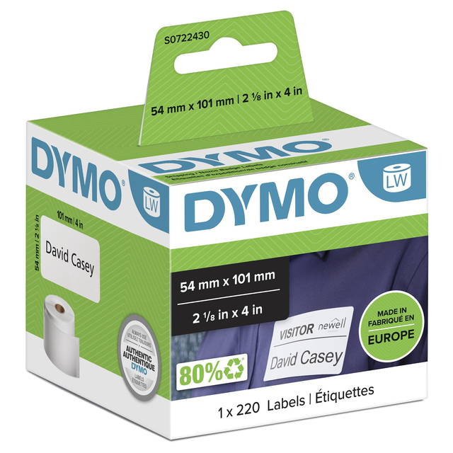 Etiquette Dymo LabelWriter carte nom 54x101mm rouleau à 220 pièces blanc