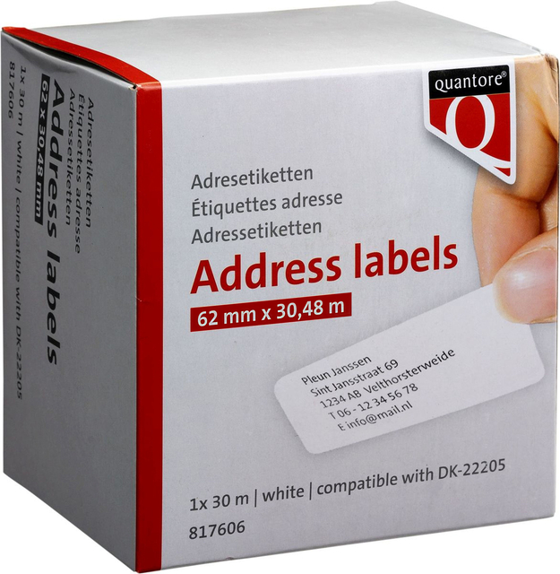 Labeletiket Quantore DK-22205 doorlopend 62mm 1 rol á 30m wit